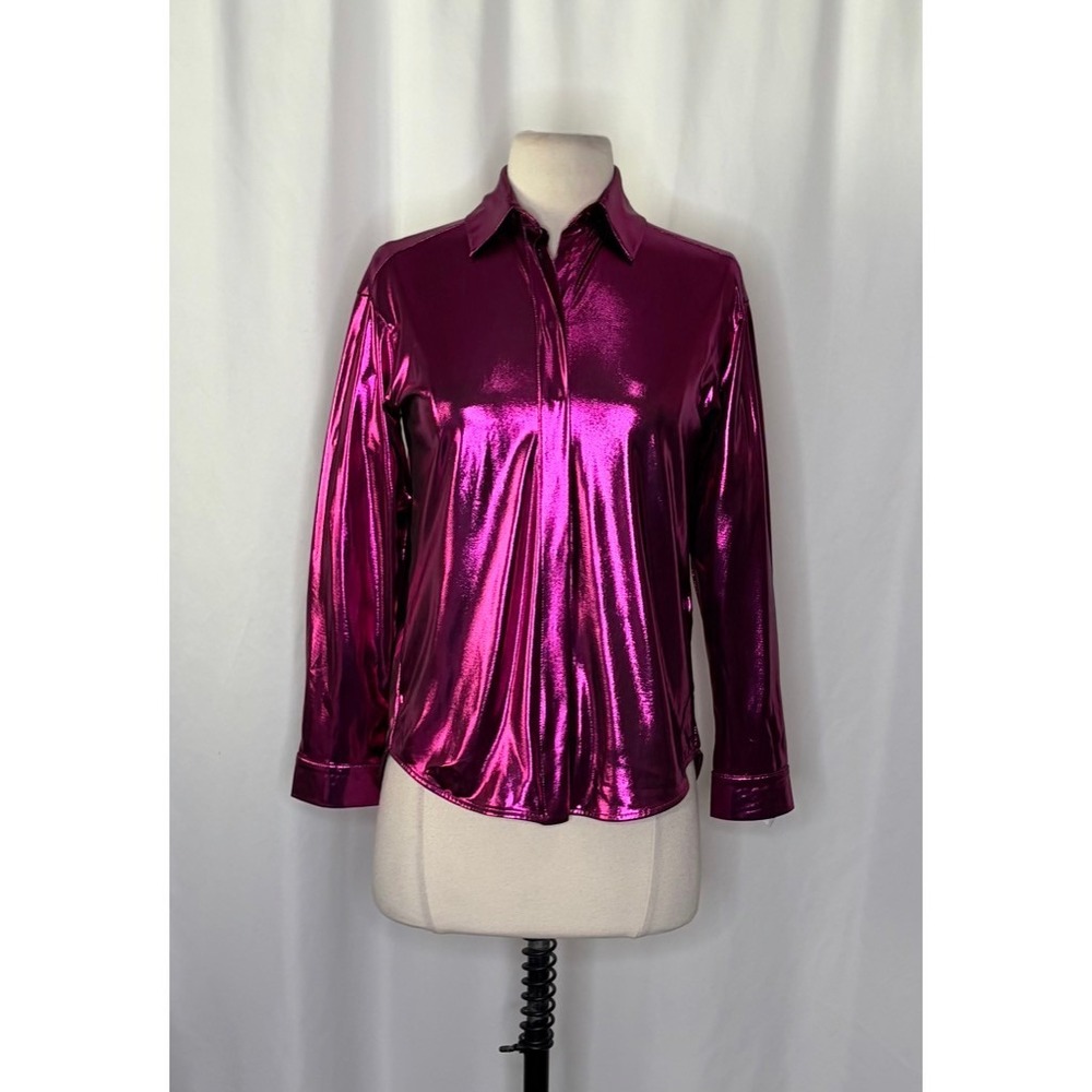 By ANTHROPOLOGIE Magenta Pink Shimmer Shine Lamé Buttondown Top Blouse X-Small - Picture 3 of 16